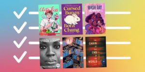 A collage of book covers with a check list graphic and colorful background