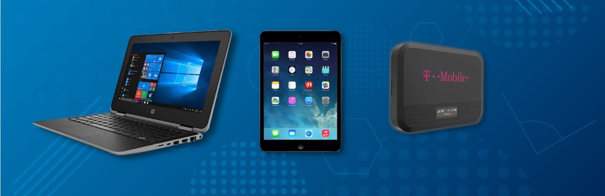 A chromebook, an iPad mini2 device, and a T-Mobile hotspot device on a blue background