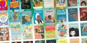 A collage of Arab American titles on a green and gold background