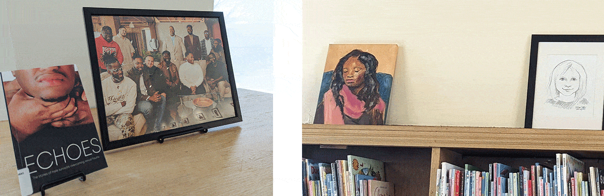 At left: "Echoes" book cover and framed photograph in the Main Library Art Gallery exhibit of "Echoes" by Robert Marshall. At right: Painting and drawing above shelves at Maze Branch, part of "Portrait Studies" by Delia Jean Hickey