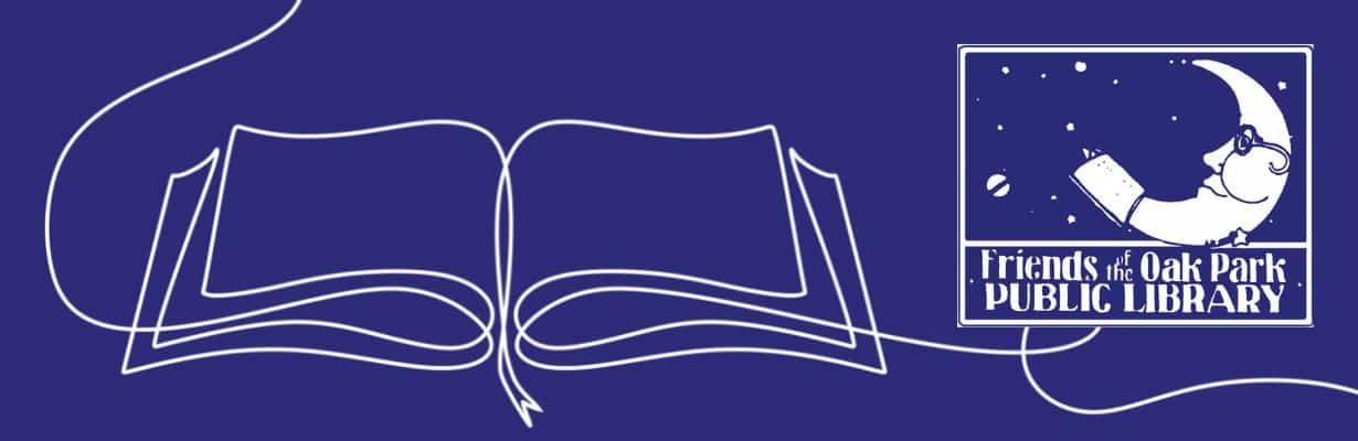 A line drawing of an open book with the Friends of the Oak Park Public Library logo