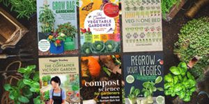 A collage of gardening books with a garden in the background
