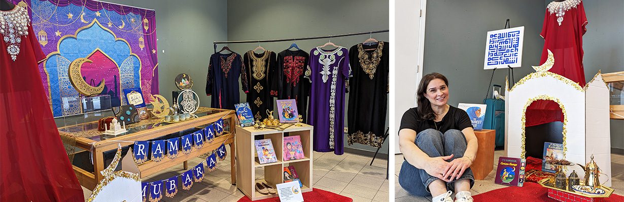 Ramadan display in Main Library Idea Box featuring dresses, books, and creator Dima Ali posing with cardboard mosque she created
