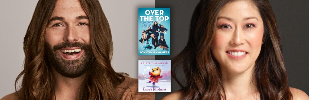 Jonathan Van Ness with book cover of "Over the Top" and Kristi Yamaguchi with book cover "Cara's Kindness"