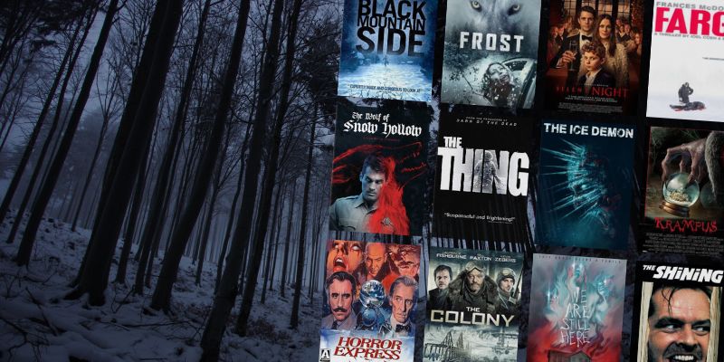 A collage of movie posters with a background featuring a dark winter scene with snow on the ground and trees looming