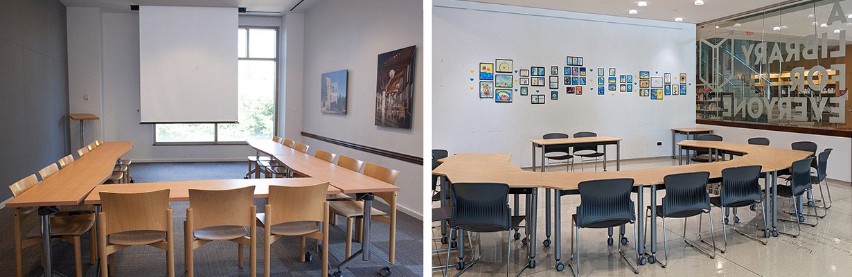 Small Meeting Room and Lobby Community Space, both set up with tables in a u-shape