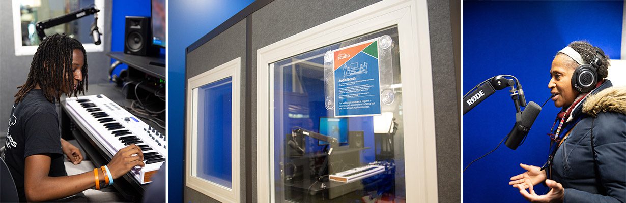 A collage of two people recording music inside the audio booth and a view of the audio booth from the outside