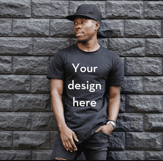 Man with "Your Design Here" printed on his t-shirt