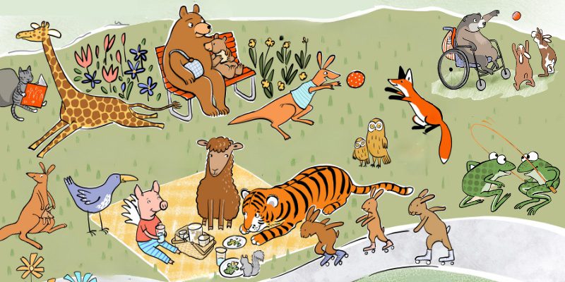 Illustrated animals enjoying a day in the park