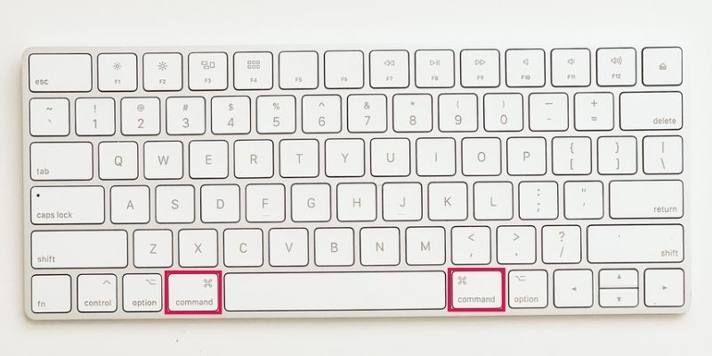 Mac computer keyboard with command buttons highlighted