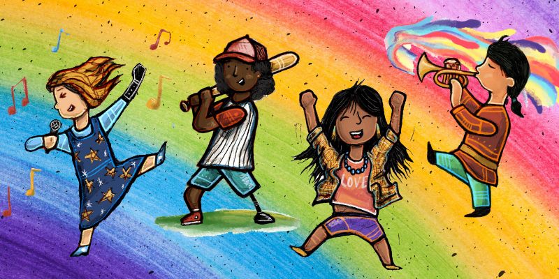 Illustrations of kids playing music, dancing, and swinging a bat on a rainbow background