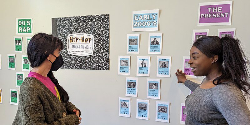 Nora Sanchez and Synovia Knox discuss hip hop through the decades at the Main Library.
