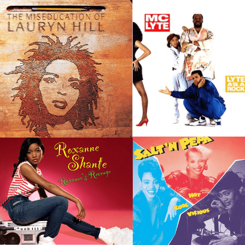 Collage of album covers: The Miseducation of Lauryn Hill, Lyte as a Rock, Roxanne's Revenge, and Hot, Cool, and Viscious