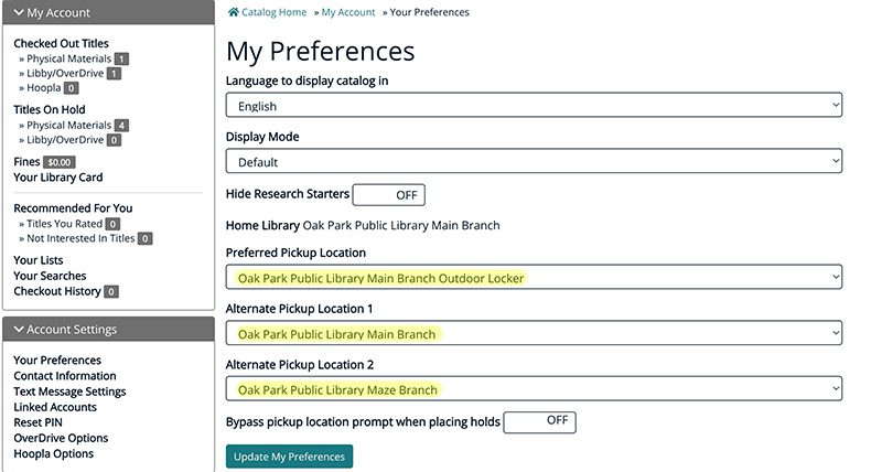 Screenshot of My Preferences screen in the library's catalog with the pickup locations highlighted