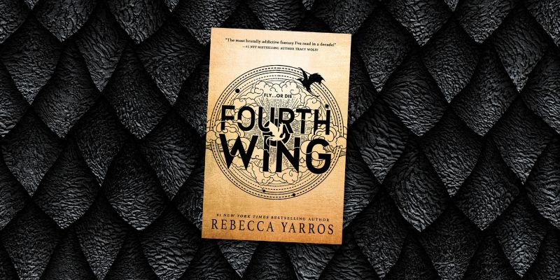 Fourth Wing book cover on a background of dragon scales