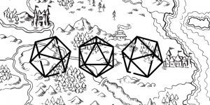 Outline of multi-sided dice over a black-and-white map of castles, mountains, and trees