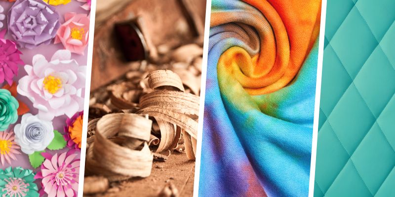 A collage of images: paper flowers, curls of wood, tie-dyed fabric, furniture upholstery