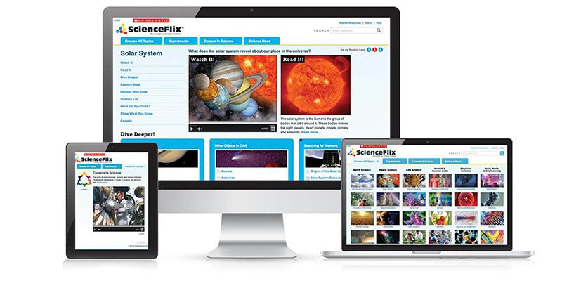 ScienceFlix site shown on a desktop, laptop, and tablet
