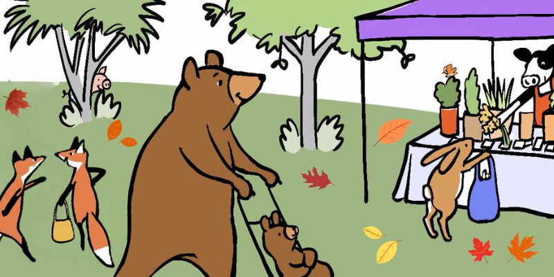 Illustrated animal families enjoying a day at the park with fall leaves on the ground