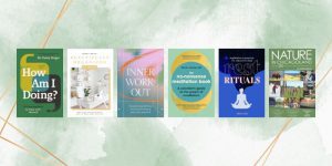 Collage of book covers with a green and gold background