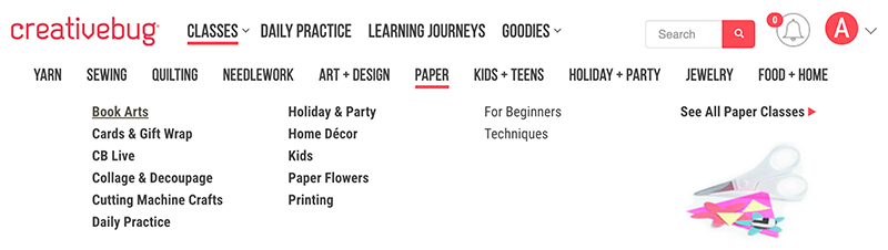 Creativebug screenshot showing the CLASSES dropdown menu