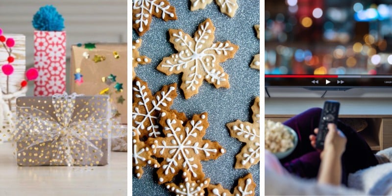 Collage of holiday photos: wrapped gifts, snowflake cookes, and a person watching TV
