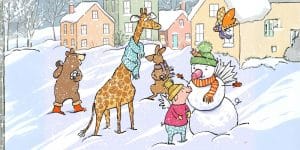Illustrated animals playing in the snow
