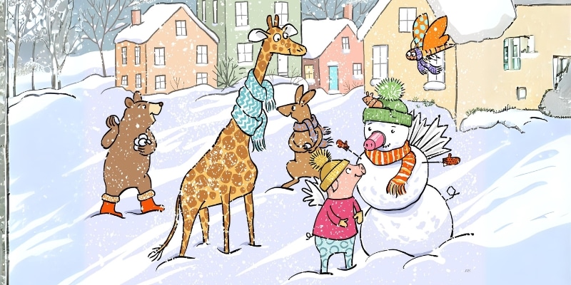 Illustrated animals playing in the snow