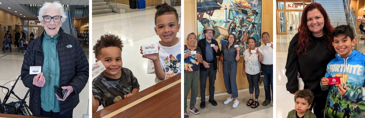 Collage of new library cardholders posing with their cards