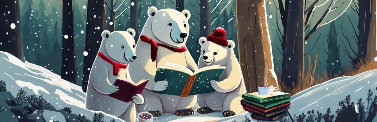 A family of polar bears reading together in a snowy forest