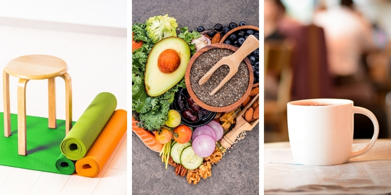 A collage of photos: a chair and yoga mats, heart healthy foods, and a cup of coffee with people talking in the background