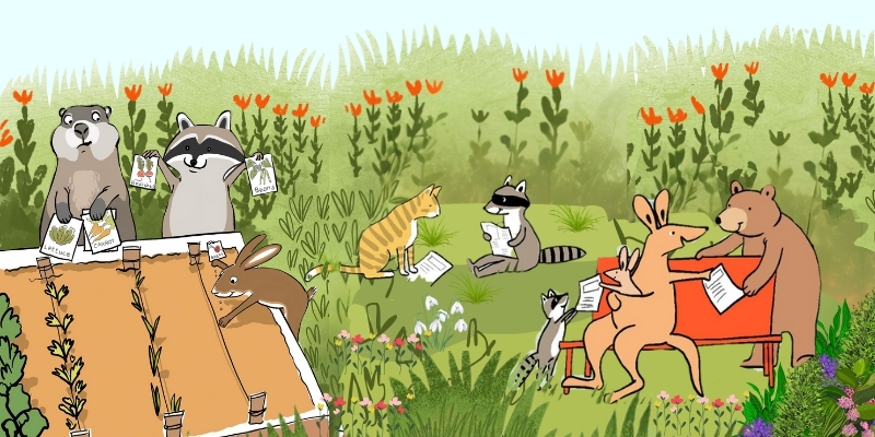 Illustration of animals working and playing in a community garden