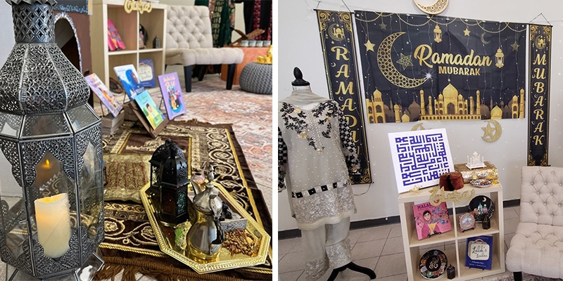 Ramadan display in Main Library Idea Box featuring dresses, books, and more