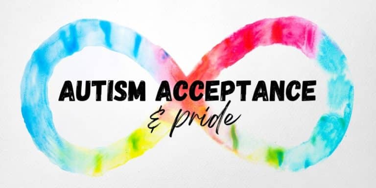 Autism Acceptance & Pride with a rainbow infinity symbol