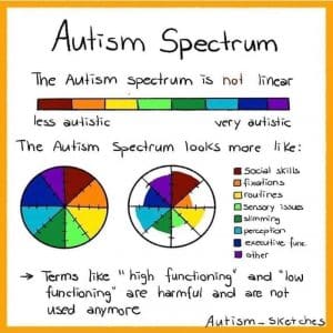 Graphic by Autism_sketches featuring the text: Autism Spectrum. The autism spectrum is not linear. The autism spectrum looks more like: (two pie charts, one all the way filled and one filled at various levels for different categories, including social skills, fixations, routines, sensory issues, slimming, perception, executive func., and other). Terms like high functioning and low functioning are harmful and are not used anymore.