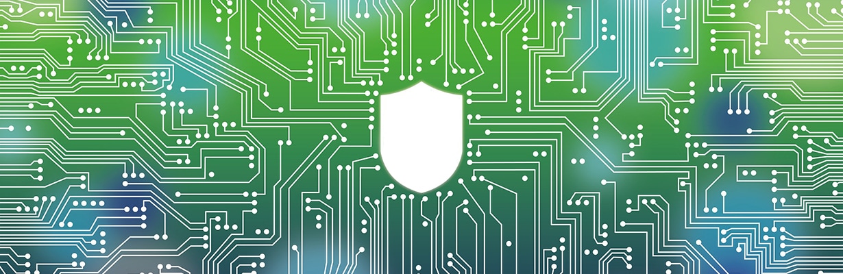 Circuit board CPU chip illustration with a white shield in the center