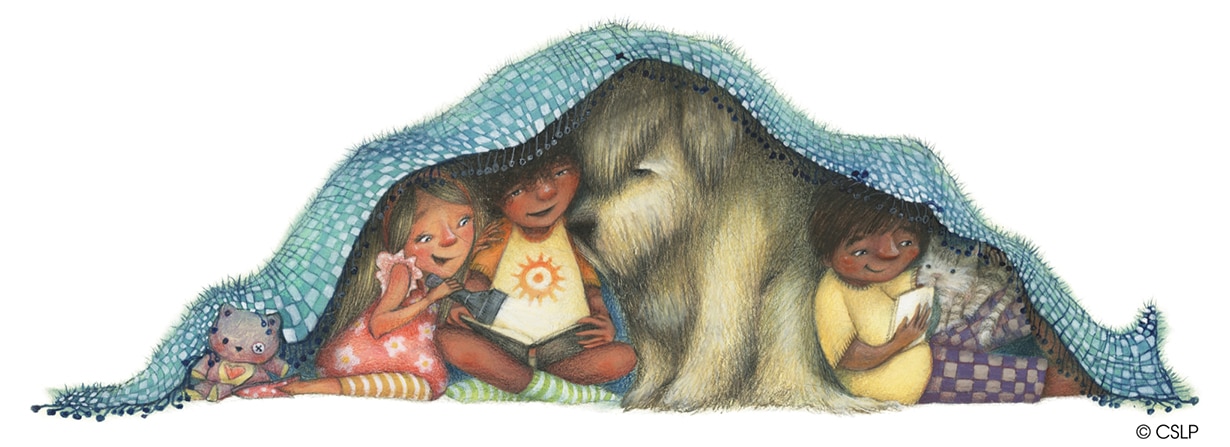 Kids and pets reading under a blanket
