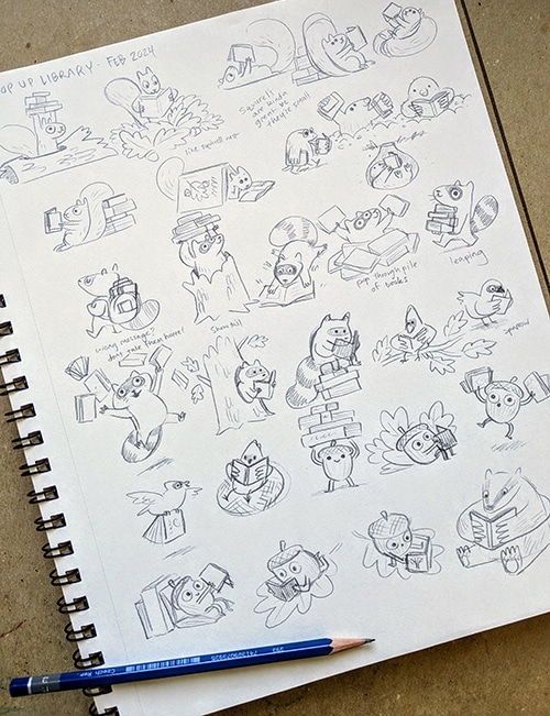 A sketchbook page of animal characters drawn in pencil