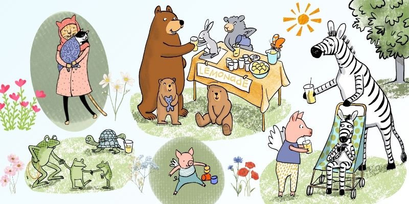 Illustration of animal families enjoying lemonade in the park in summer