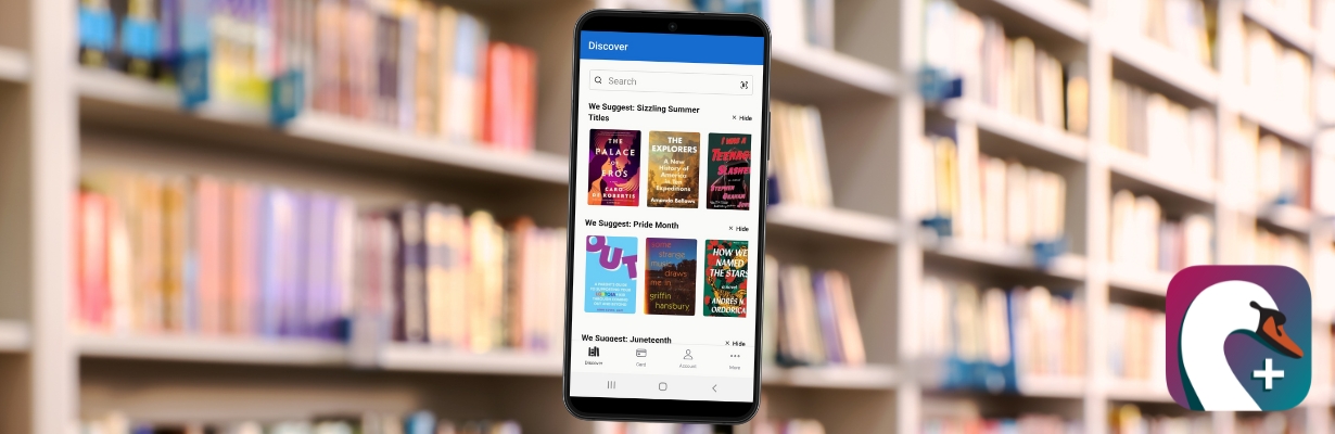 SWAN Libraries + app displayed on a smart phone screen with shelves of books in the background