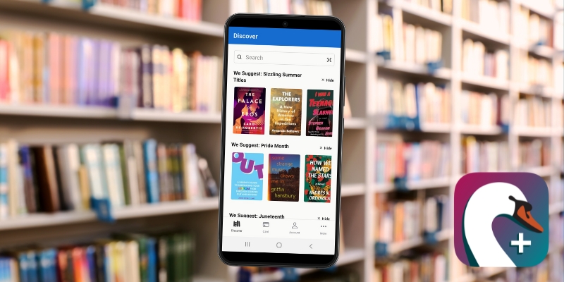 SWAN Libraries + app displayed on a smart phone screen with shelves of books in the background