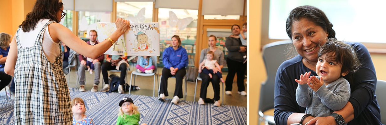 Librarian Megha leading a storytime in the Main Library Storytime Room and a baby clapping while being held by a smiling caregiver