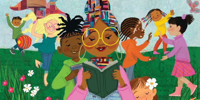 Illustration of adult reading with a child outdoors as more children play in the background. The sun is shining, flowers are in bloom, and the scene is happy and bright.