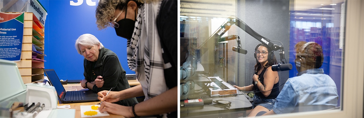 A person learning how to use the Cricut machine inside the Creative Studio and two people recording a podcast in the Audio Booth