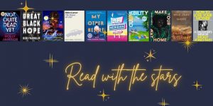 Text 'Read with the stars' on a background of sparkling stars with a book collage above