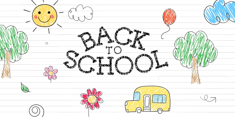 Text reading Back to School alongside colorful illustrations of a school bus, flowers, clouds, trees, and a smiling sun