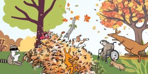 An illustration of animal families playing in a leaf pile in the park