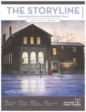 Cover of The Storyline magazine showing painting of Dole Branch Library in winter