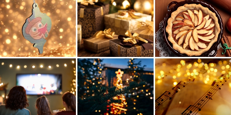 Collage of holiday photos: an ornament, wrapped presents, an apple pie, a family watching a holiday movie, an outdoor display of trees lit with holiday lights, and a sheet of music with lights