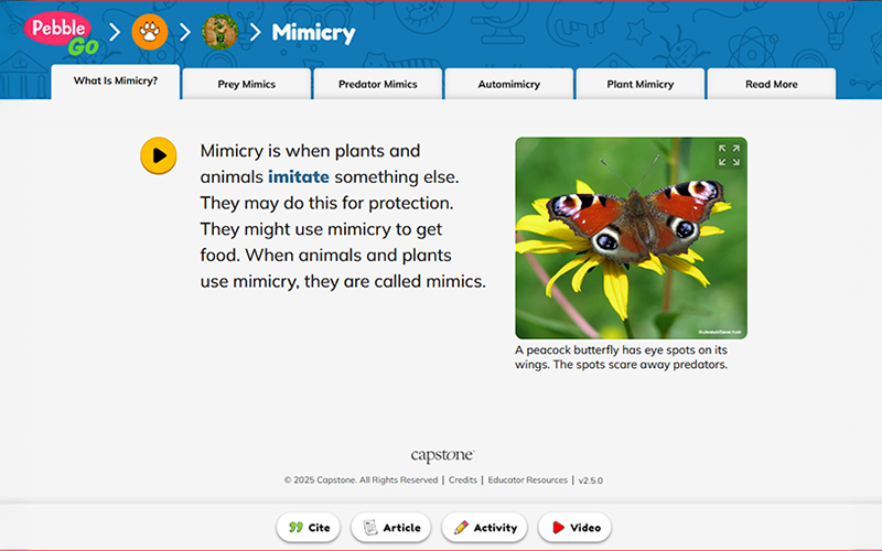 Screenshot of PebbleGo page showing an article on mimicry in plants and animals, featuring an image of a butterfly with eye spots on its wings